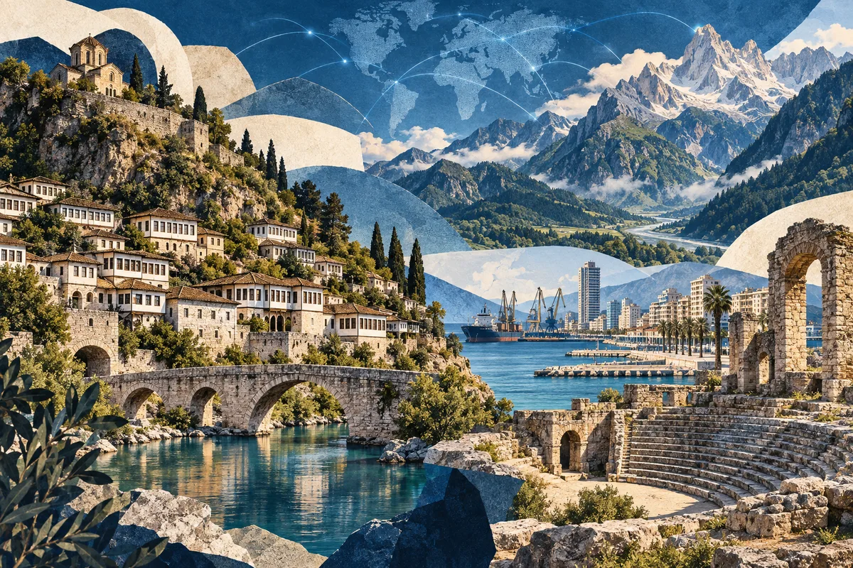 Illustrated collage of Albania, inspired by Berat, Durrës, Albanian Alps.