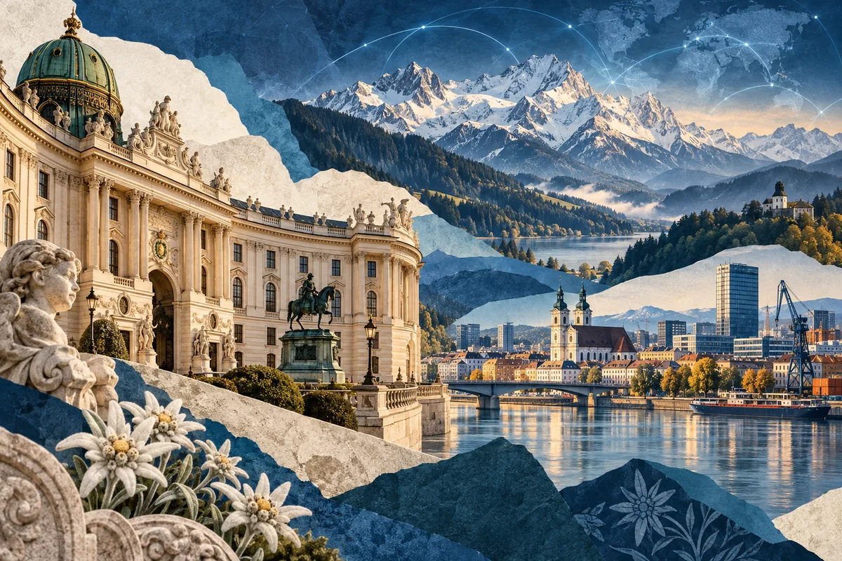 Illustrated collage of Austria, inspired by Hofburg, Linz, Austrian Alps.