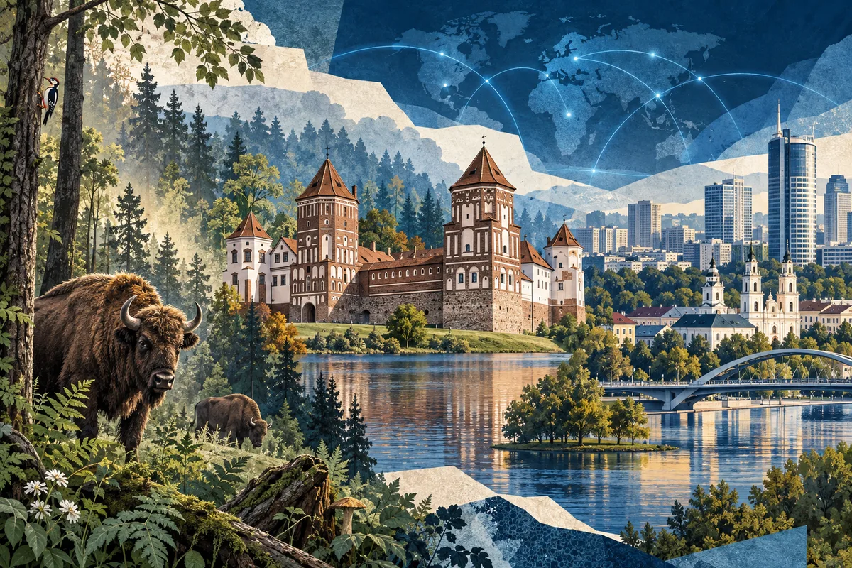 Illustrated collage of Belarus, inspired by Mir Castle Complex, Minsk, Białowieża Forest.