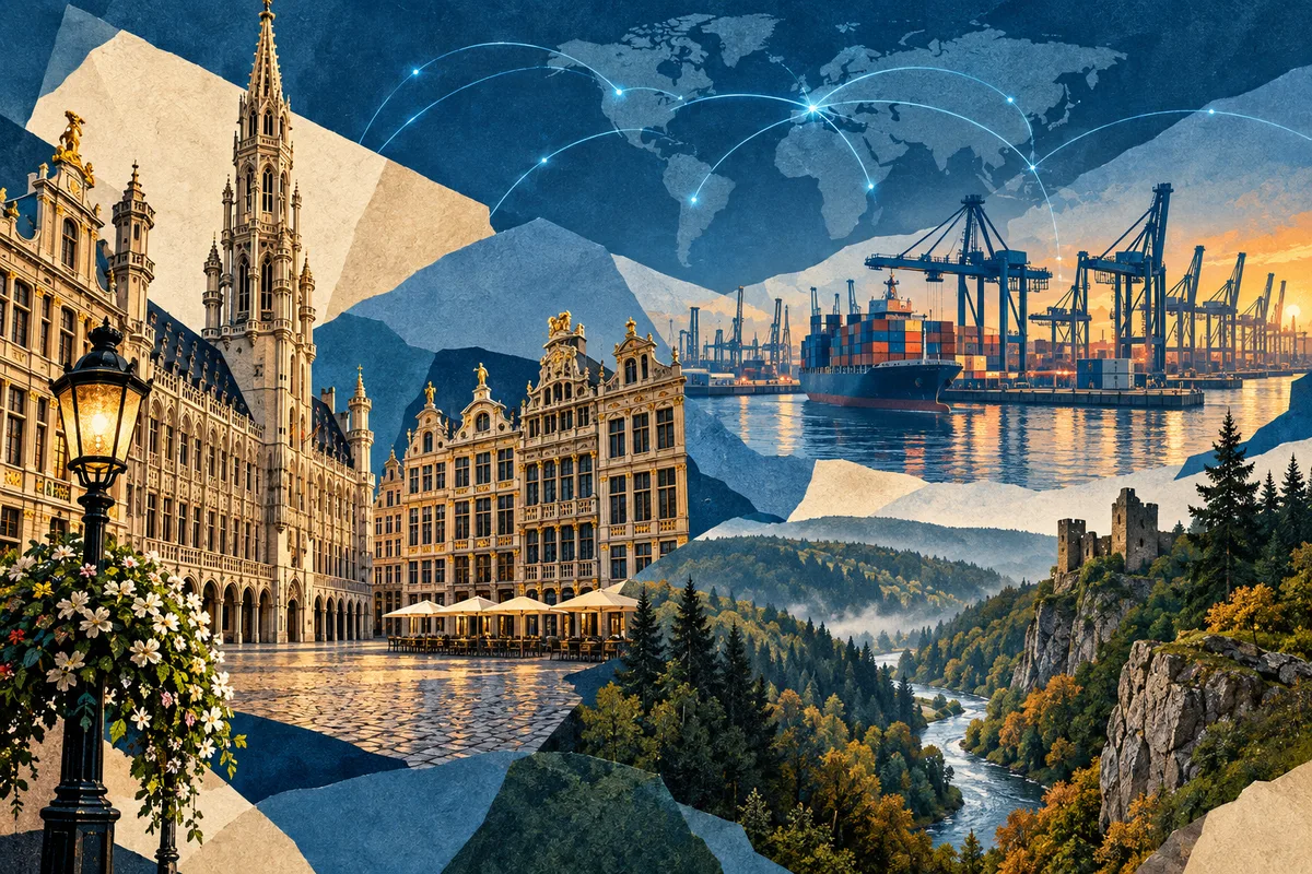 Illustrated collage of Belgium, inspired by Grand-Place, Port of Antwerp, Ardennes.