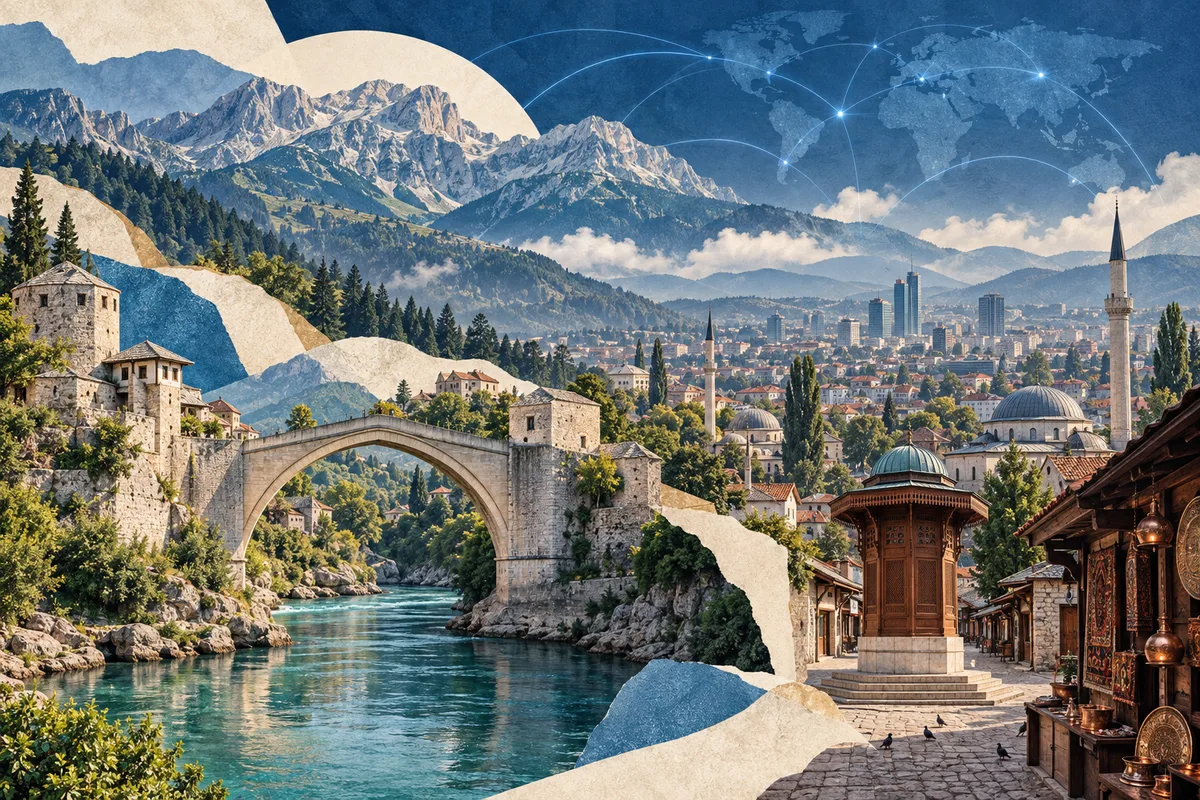 Illustrated collage of Bosnia and Herzegovina, inspired by Stari Most, Sarajevo, Dinaric Alps.