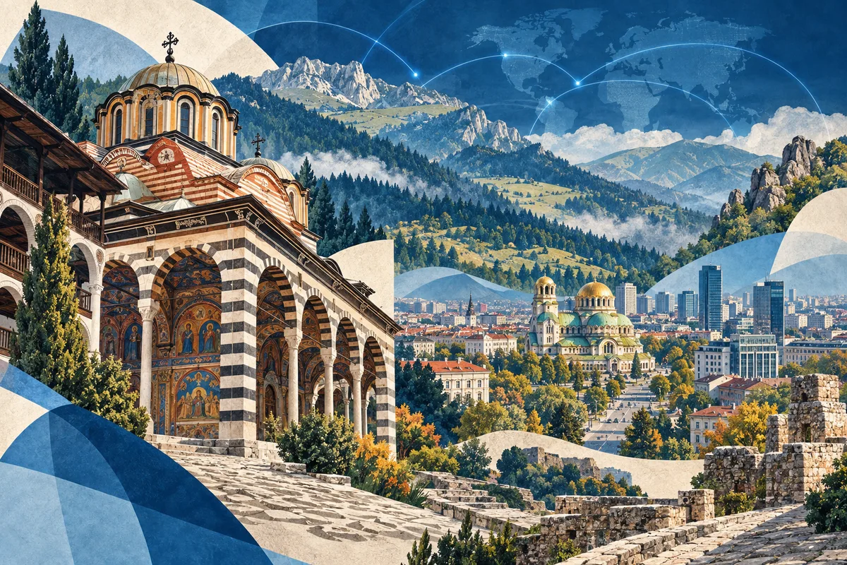 Illustrated collage of Bulgaria, inspired by Rila Monastery, Sofia, Balkan Mountains.