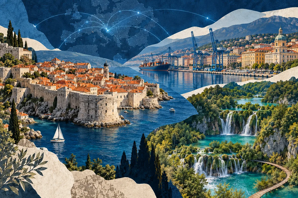 Illustrated collage of Croatia, inspired by Dubrovnik, Rijeka, Plitvice Lakes National Park.