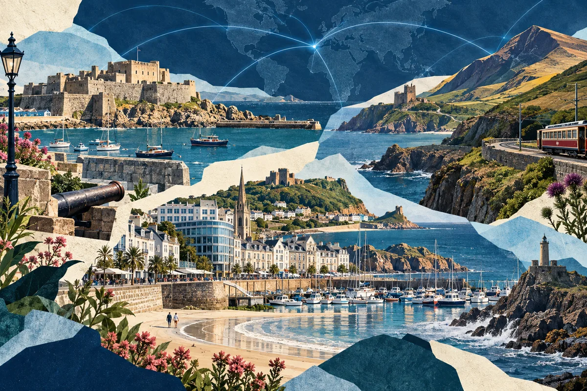 Illustrated collage of Guernsey, Jersey and Isle of Man, inspired by Castle Cornet, Saint Helier, Isle of Man.