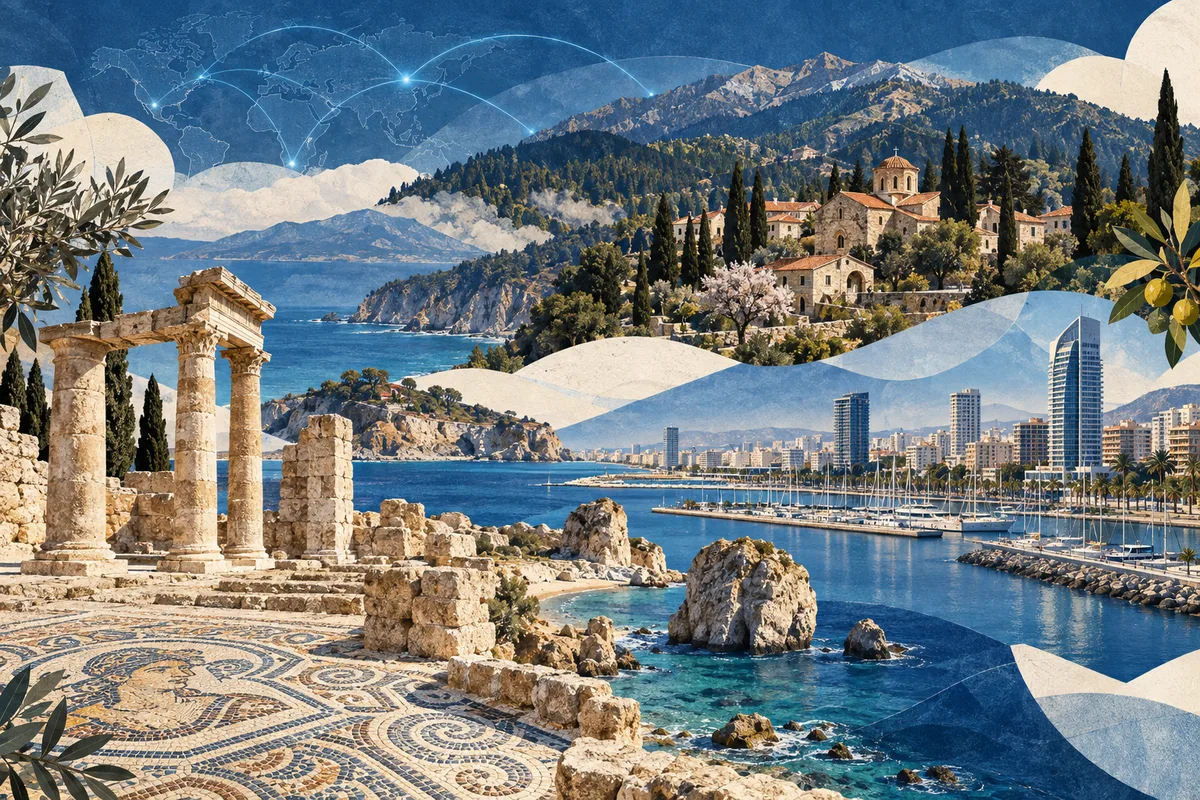 Illustrated collage of Cyprus, inspired by Paphos, Limassol, Troodos Mountains.