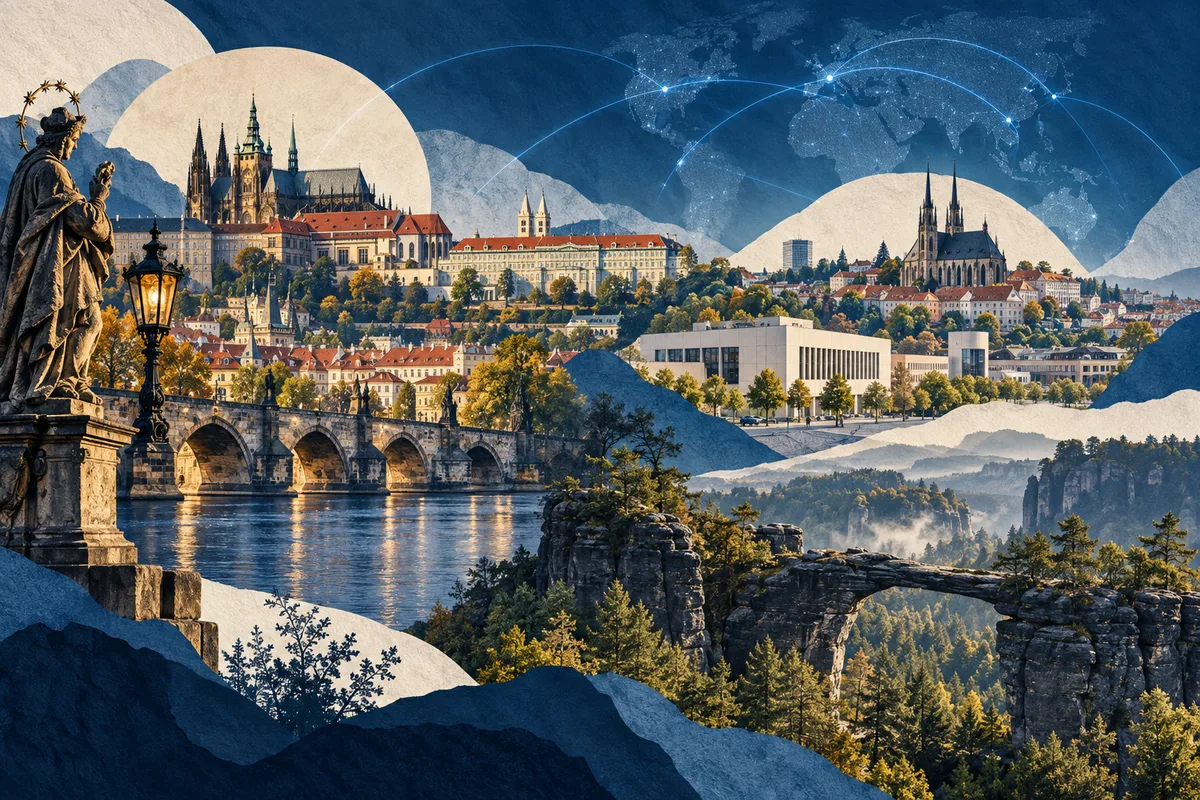 Illustrated collage of Czechia, inspired by Prague Castle, Brno, Bohemian Switzerland.