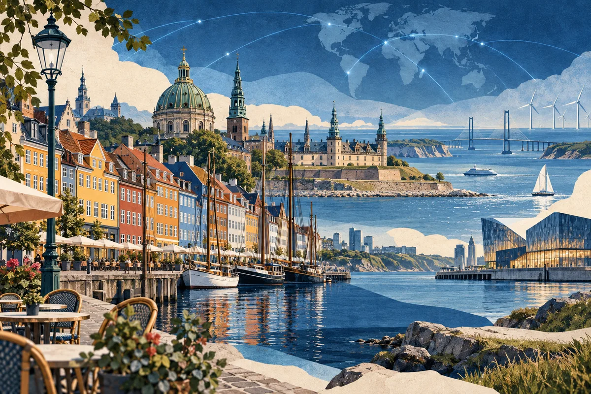 Illustrated collage of Denmark, inspired by Nyhavn, Copenhagen, Danish straits.