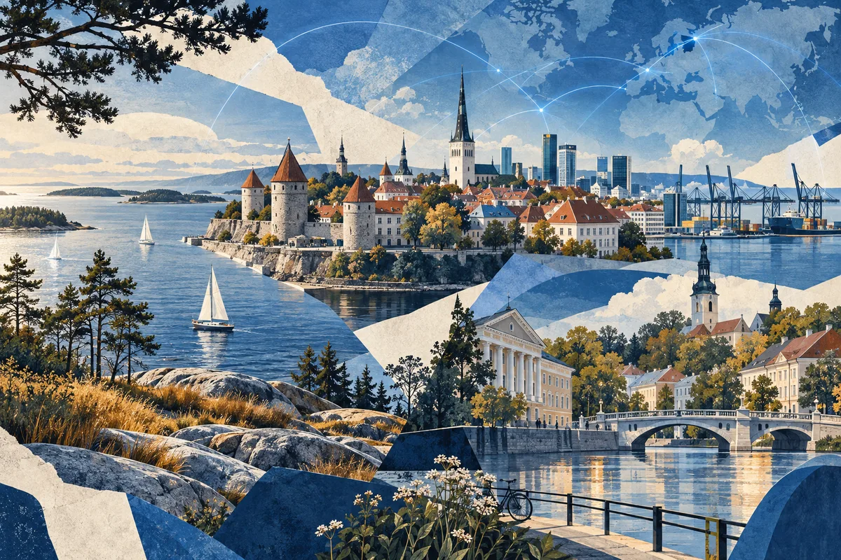 Illustrated collage of Estonia, inspired by Tallinn, Tartu, Baltic Sea.