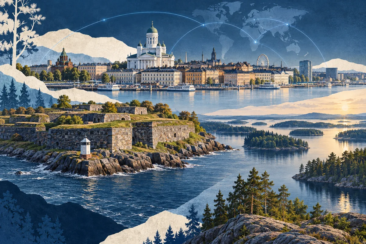 Illustrated collage of Finland, inspired by Suomenlinna, Helsinki, Finnish Lakeland.