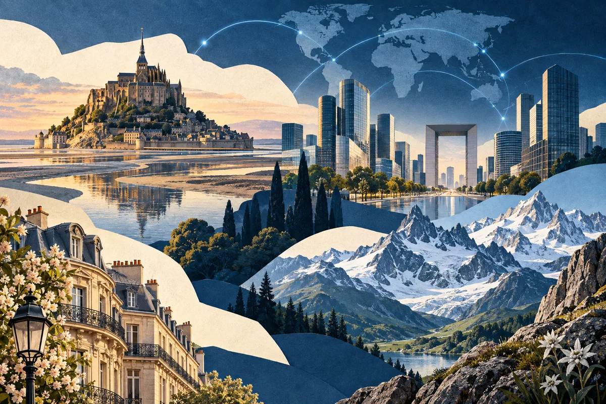 Illustrated collage of France, inspired by Mont-Saint-Michel, La Défense, French Alps.