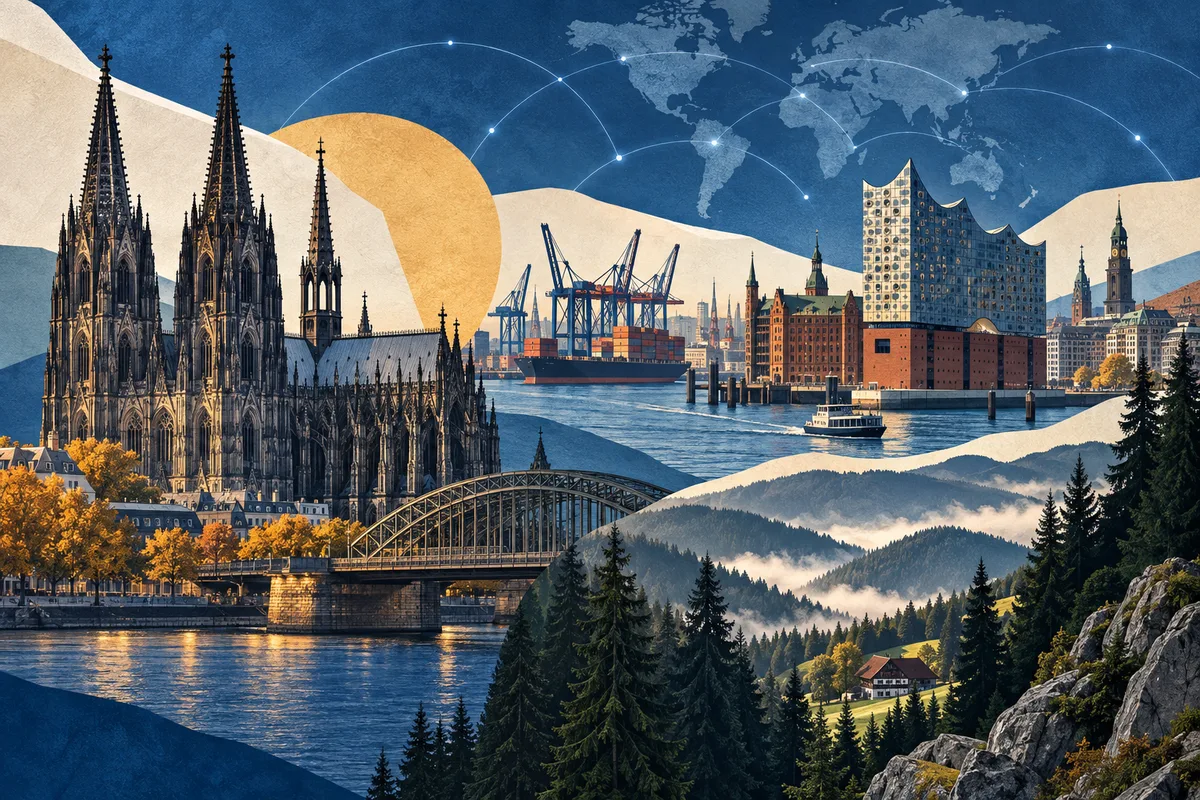 Illustrated collage of Germany, inspired by Cologne Cathedral, Hamburg, Black Forest.