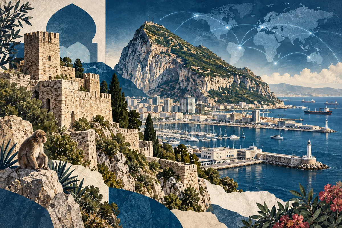 Illustrated collage of Gibraltar, inspired by Moorish Castle, Port of Gibraltar, Rock of Gibraltar.