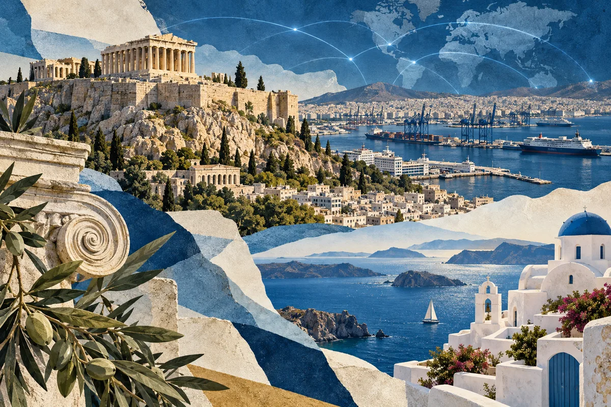 Illustrated collage of Greece, inspired by Acropolis of Athens, Piraeus, Aegean Sea.