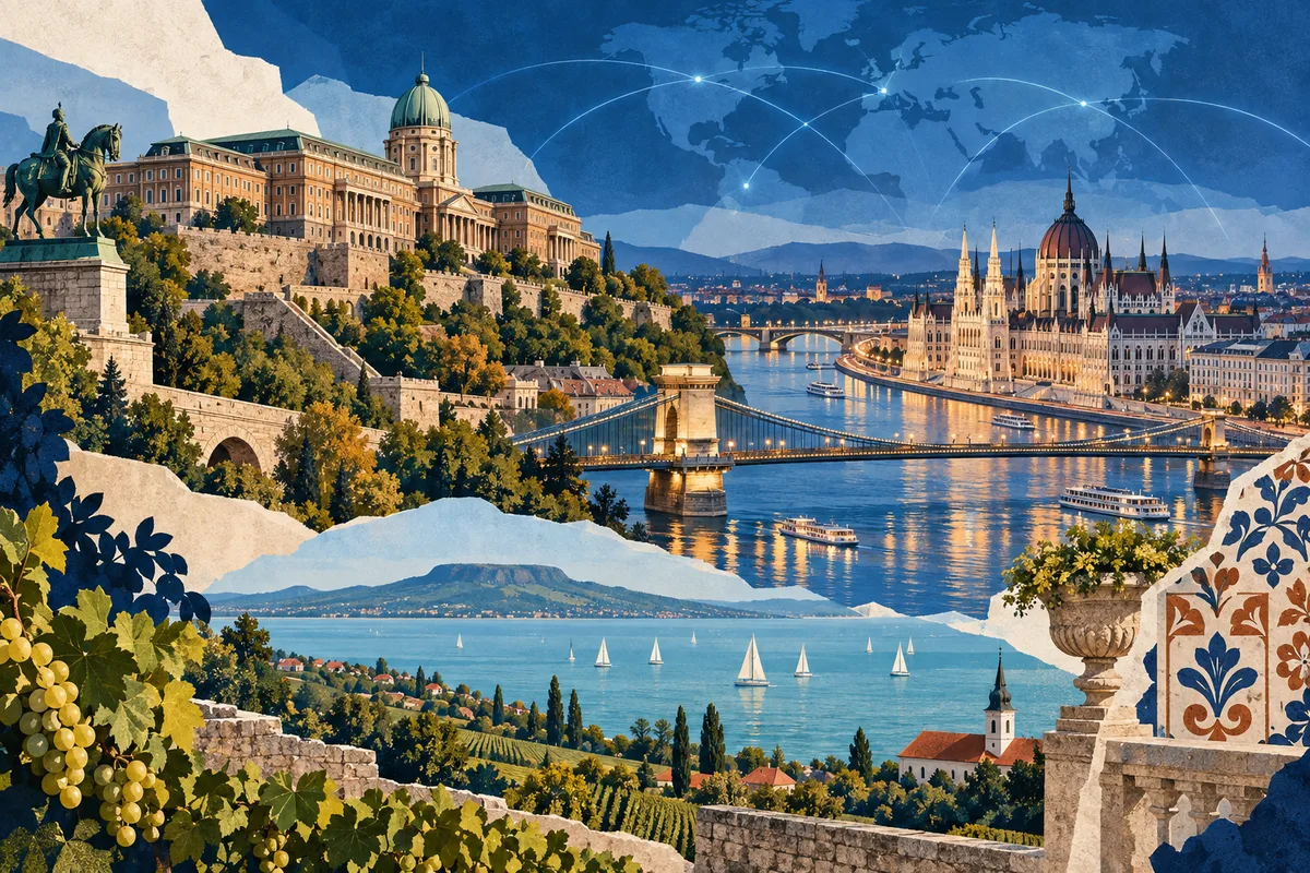 Illustrated collage of Hungary, inspired by Buda Castle, Budapest, Lake Balaton.