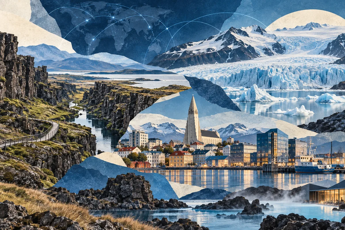 Illustrated collage of Iceland, inspired by Þingvellir, Reykjavík, Vatnajökull.