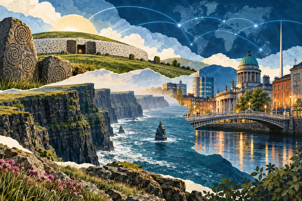 Illustrated collage of Ireland, inspired by Brú na Bóinne, Dublin, Cliffs of Moher.