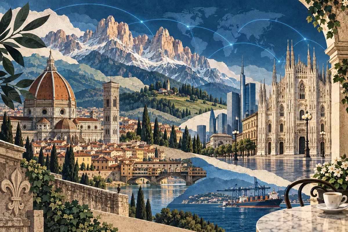 Illustrated collage of Italy, inspired by Florence Cathedral, Milan, Dolomites.
