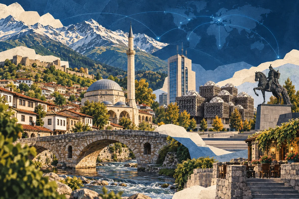 Illustrated collage of Kosovo, inspired by Prizren, Pristina, Sharr Mountains.