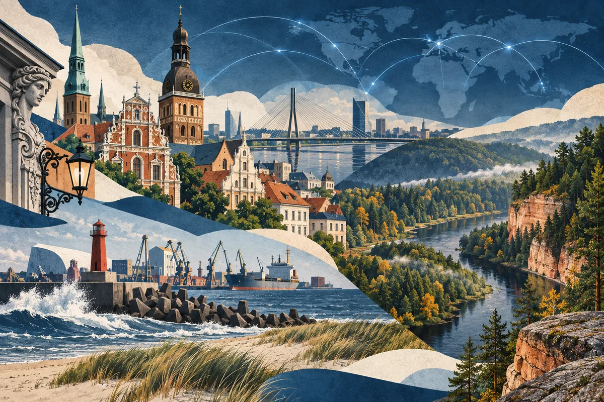 Illustrated collage of Latvia, inspired by Riga, Liepāja, Gauja National Park.