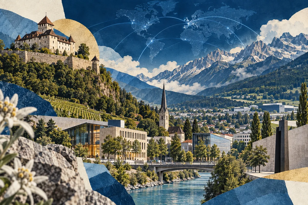 Illustrated collage of Liechtenstein, inspired by Vaduz Castle, Schaan, Rätikon.