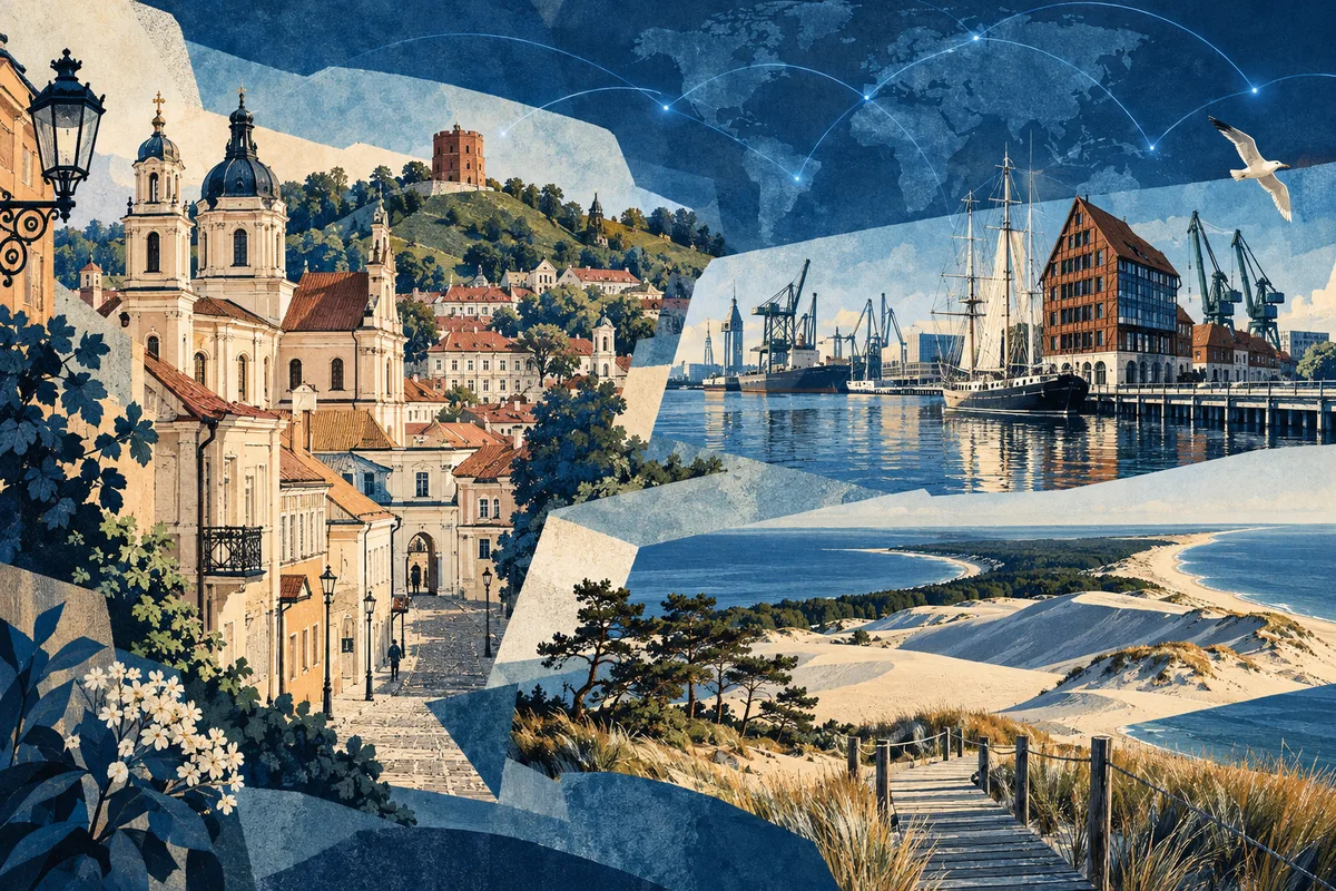 Illustrated collage of Lithuania, inspired by Vilnius Old Town, Klaipėda, Curonian Spit.