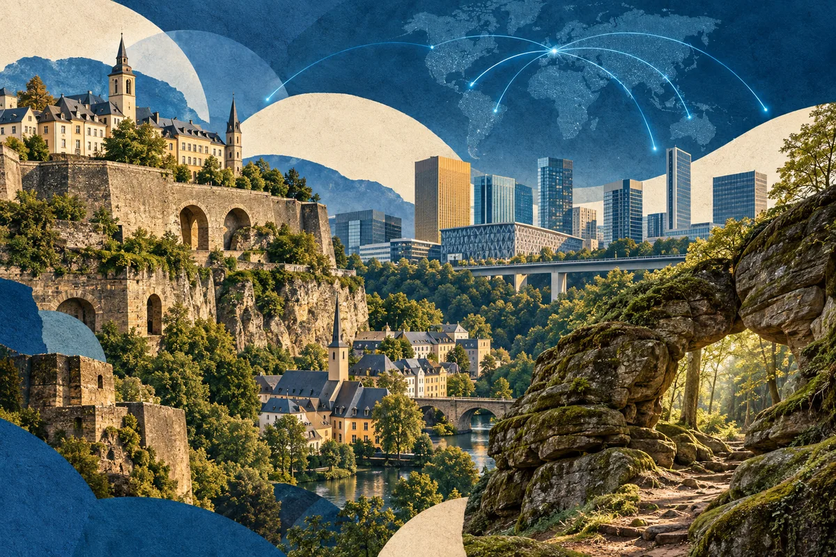 Illustrated collage of Luxembourg, inspired by Bock (Luxembourg), Kirchberg, Luxembourg, Mullerthal.