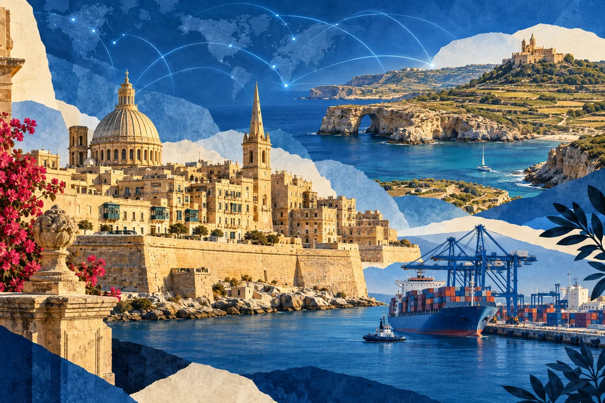 Illustrated collage of Malta, inspired by Valletta, Malta Freeport, Gozo.