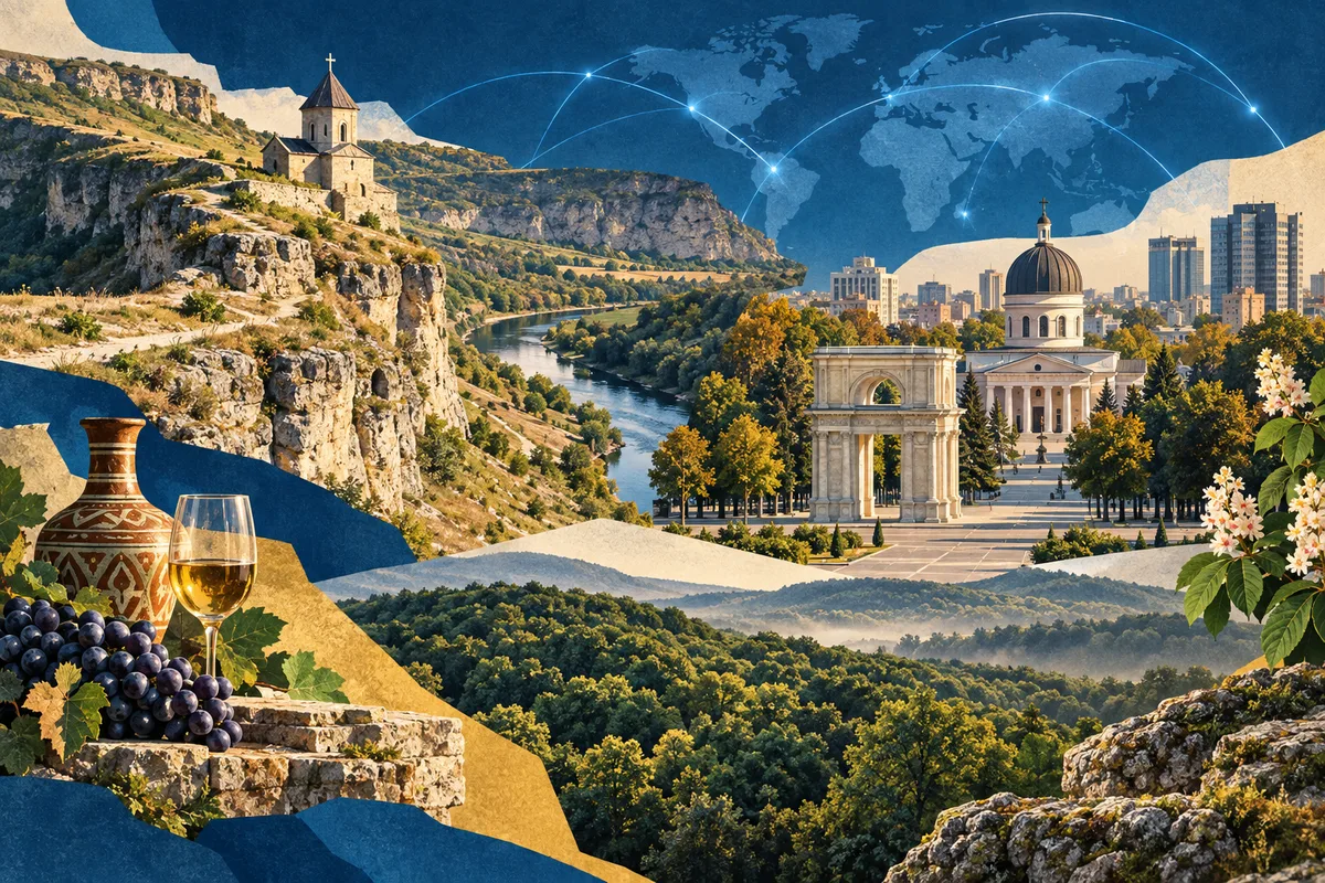 Illustrated collage of Moldova, inspired by Old Orhei, Chișinău, Codri.