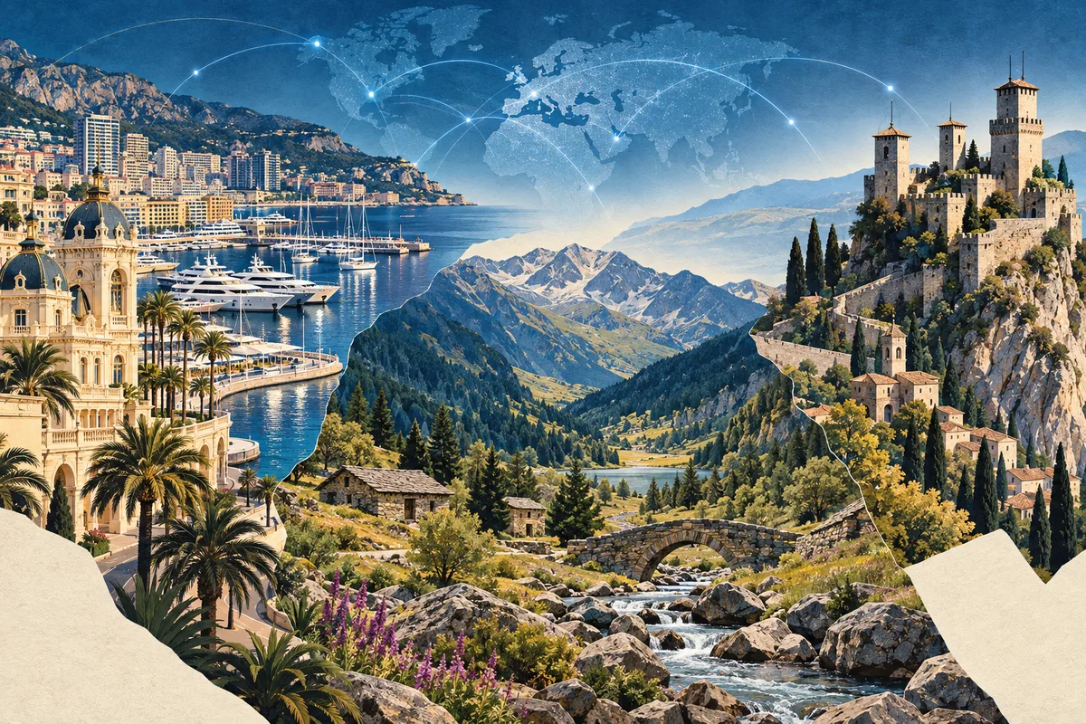 Illustrated collage of Monaco, Andorra and San Marino, inspired by Three Towers of San Marino, Monte Carlo, Madriu-Perafita-Claror Valley.