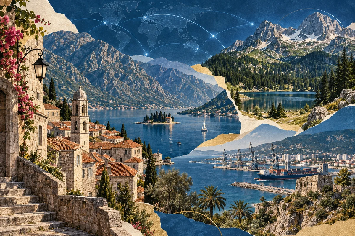 Illustrated collage of Montenegro, inspired by Kotor, Bar, Montenegro, Durmitor.