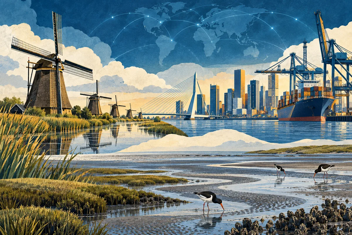 Illustrated collage of Netherlands, inspired by Kinderdijk, Port of Rotterdam, Wadden Sea.