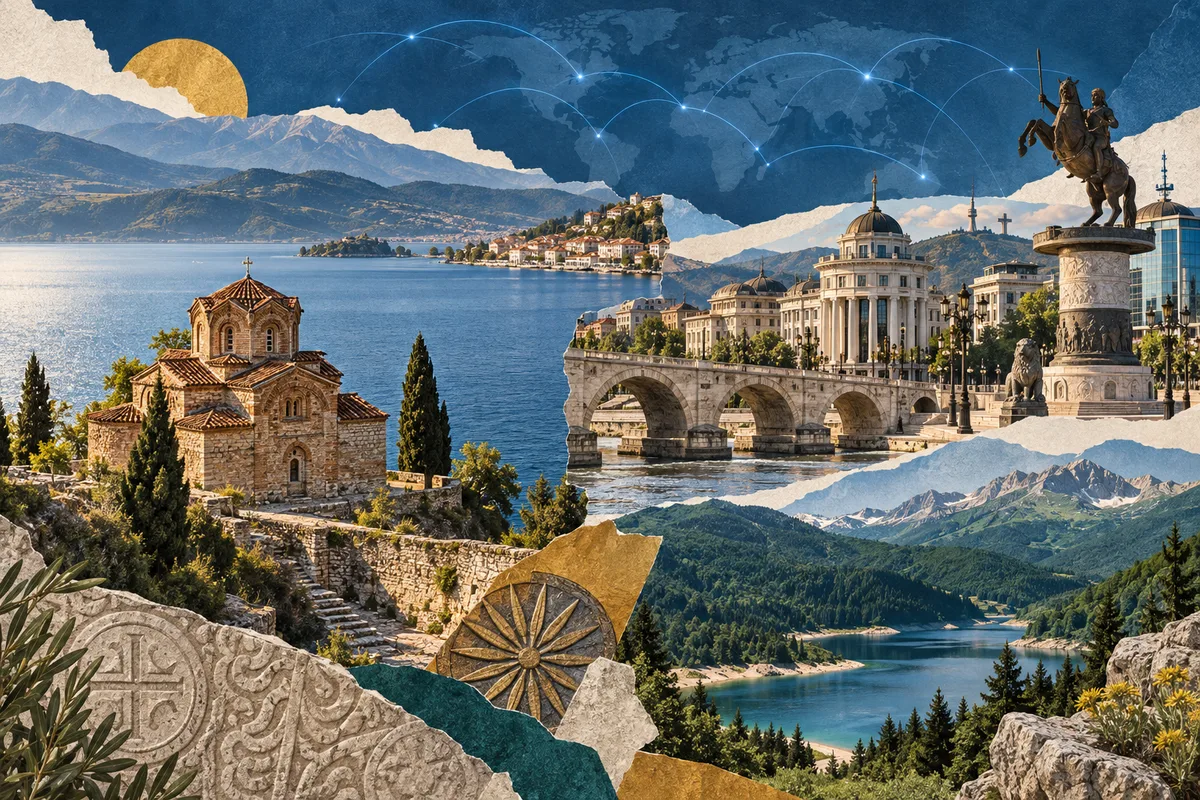 Illustrated collage of North Macedonia, inspired by Ohrid, Skopje, Mavrovo National Park.
