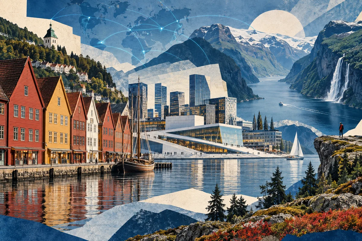 Illustrated collage of Norway, inspired by Bryggen, Oslo, Geirangerfjord.