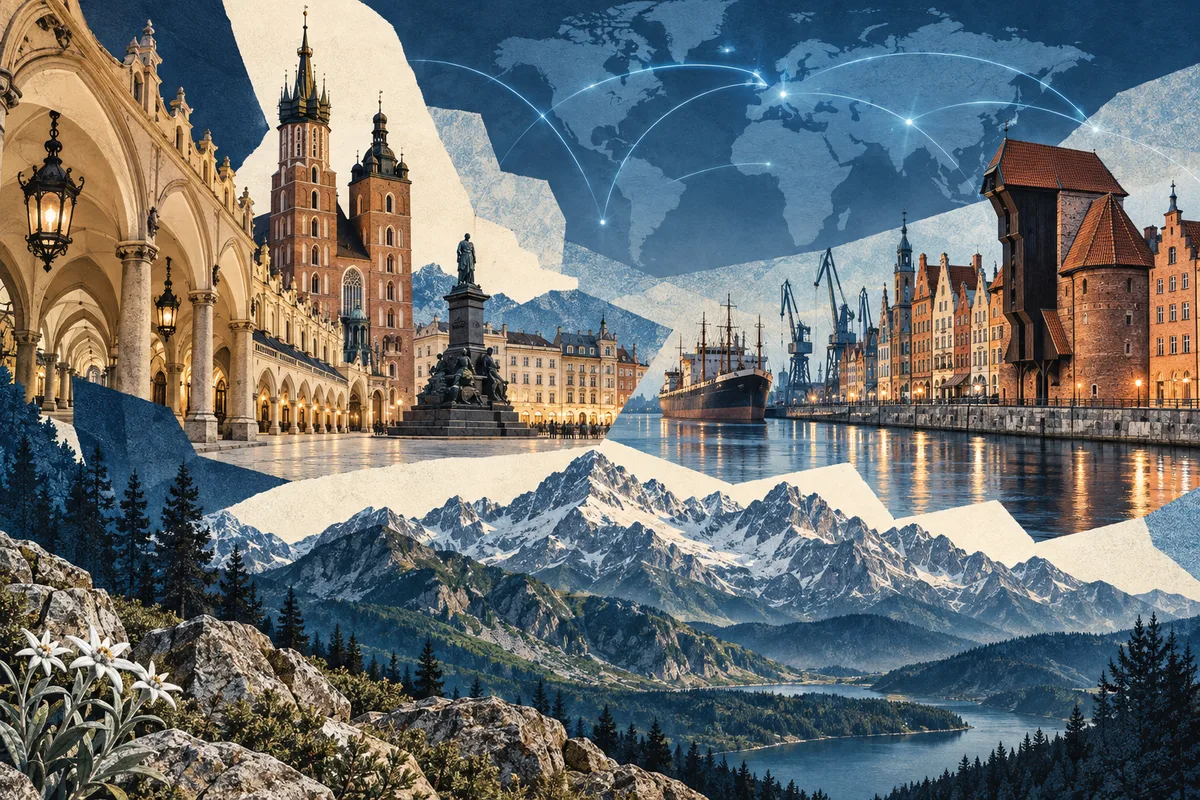 Illustrated collage of Poland, inspired by Kraków, Gdańsk, Tatra Mountains.