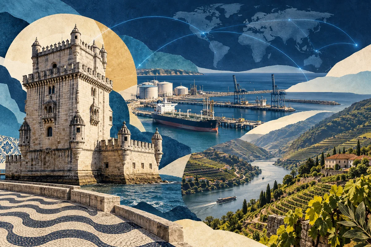 Illustrated collage of Portugal, inspired by Belém Tower, Port of Sines, Douro.