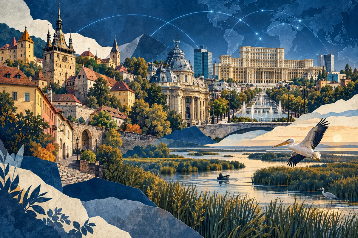 Illustrated collage of Romania, inspired by Sighișoara, Bucharest, Danube Delta.