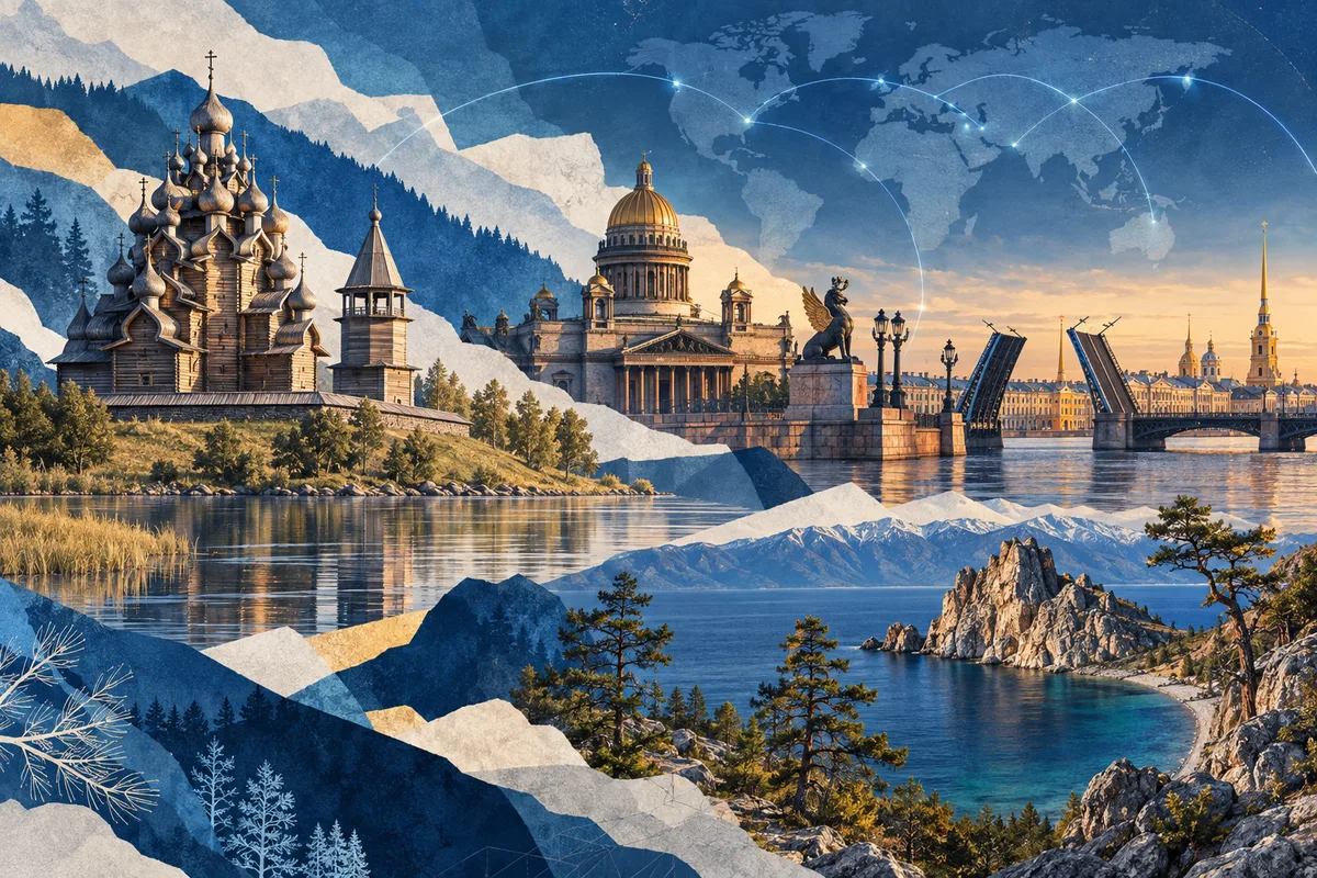 Illustrated collage of Russia, inspired by Kizhi Pogost, Saint Petersburg, Lake Baikal.