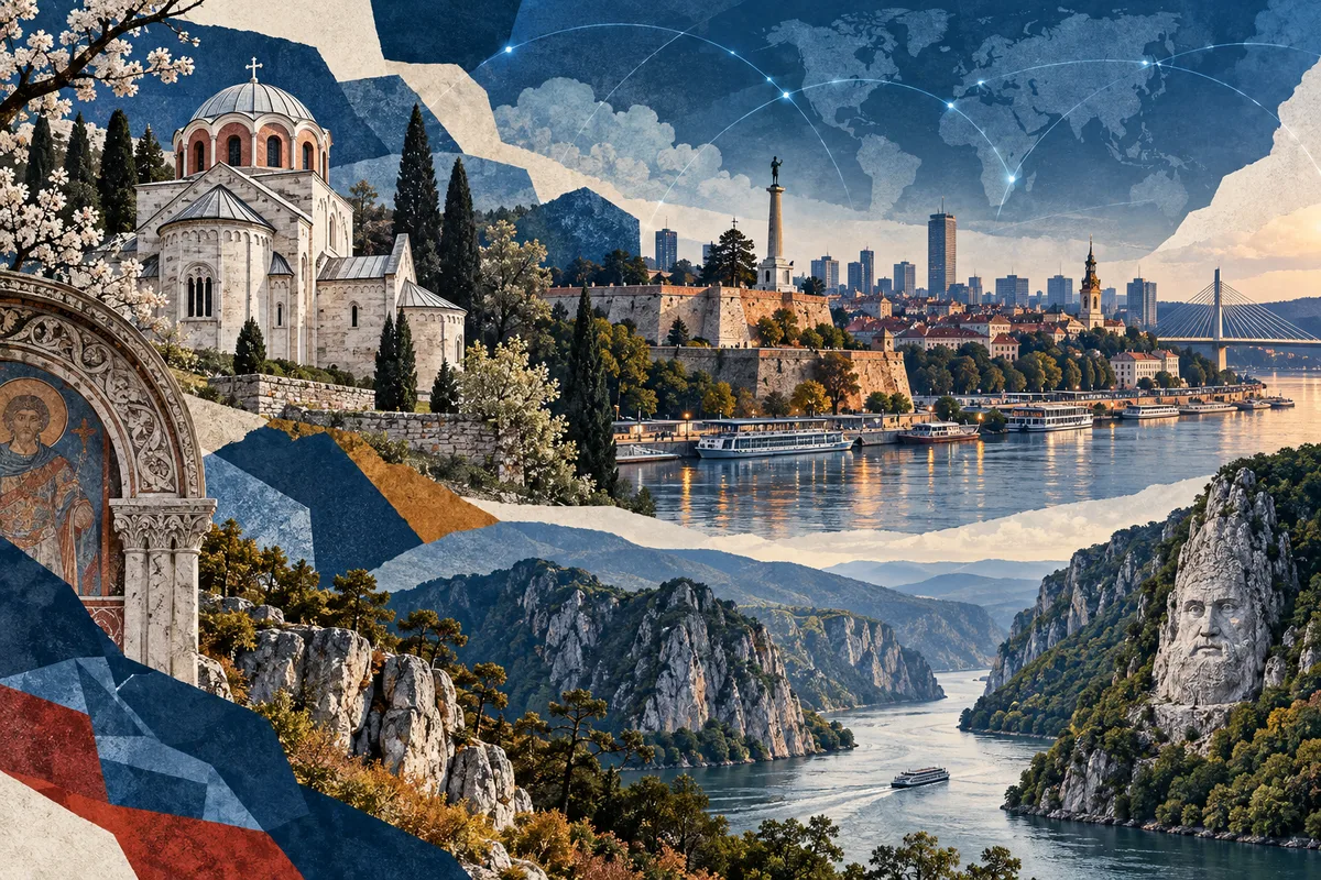 Illustrated collage of Serbia, inspired by Studenica Monastery, Belgrade, Đerdap National Park.