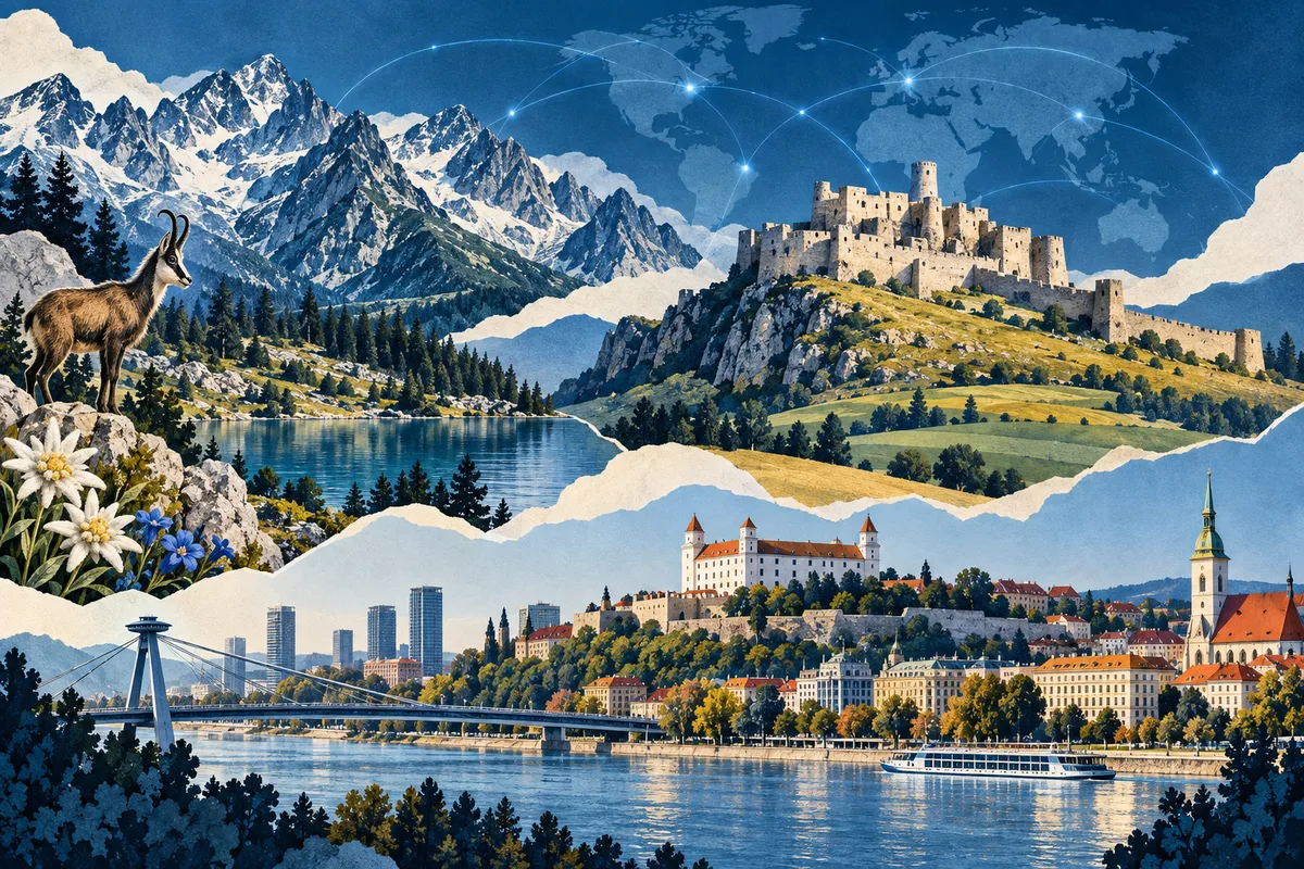 Illustrated collage of Slovakia, inspired by Spiš Castle, Bratislava, High Tatras.