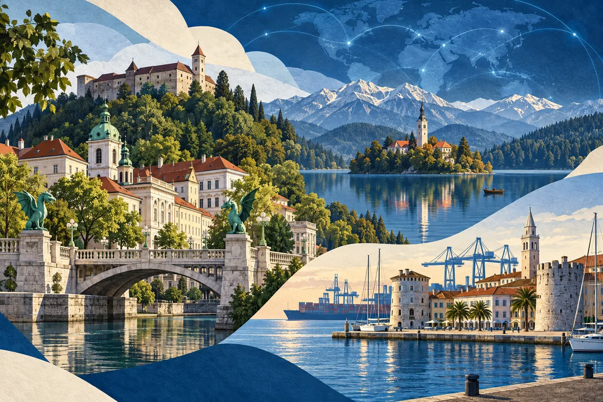 Illustrated collage of Slovenia, inspired by Ljubljana, Koper, Lake Bled.