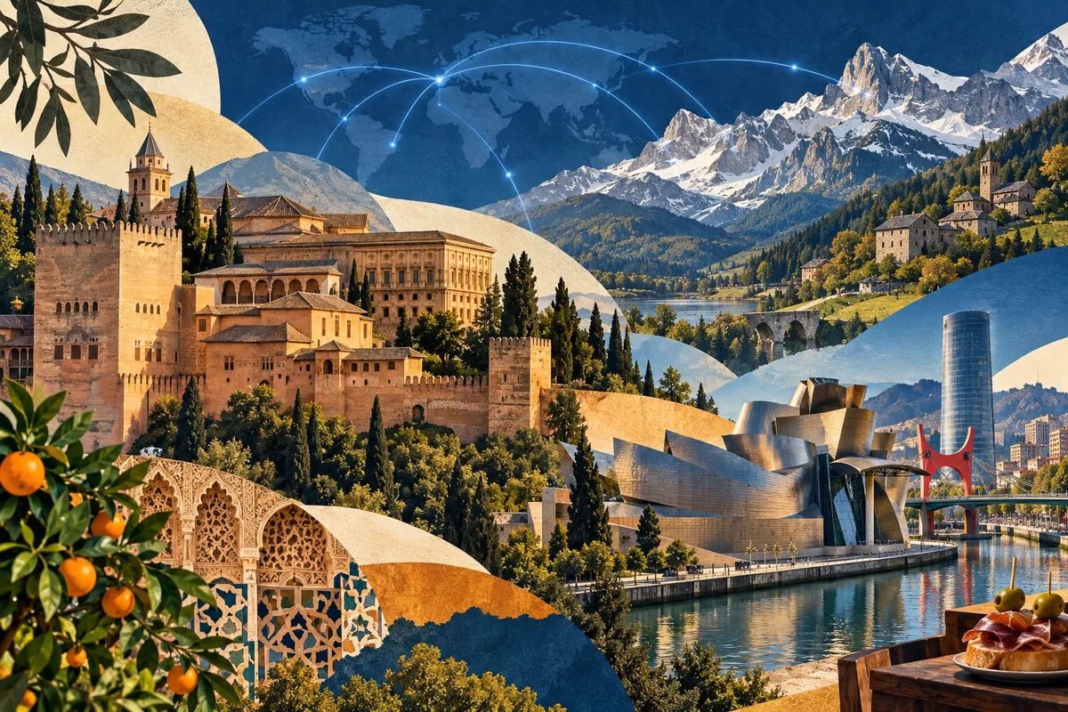 Illustrated collage of Spain, inspired by Alhambra, Bilbao, Pyrenees.
