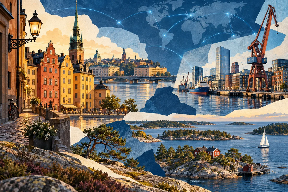 Illustrated collage of Sweden, inspired by Gamla stan, Gothenburg, Stockholm archipelago.