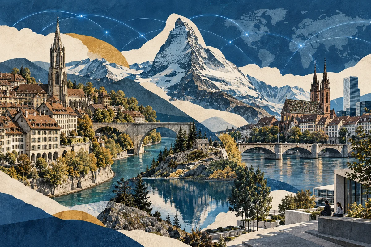 Illustrated collage of Switzerland, inspired by Old City of Bern, Basel, Matterhorn.