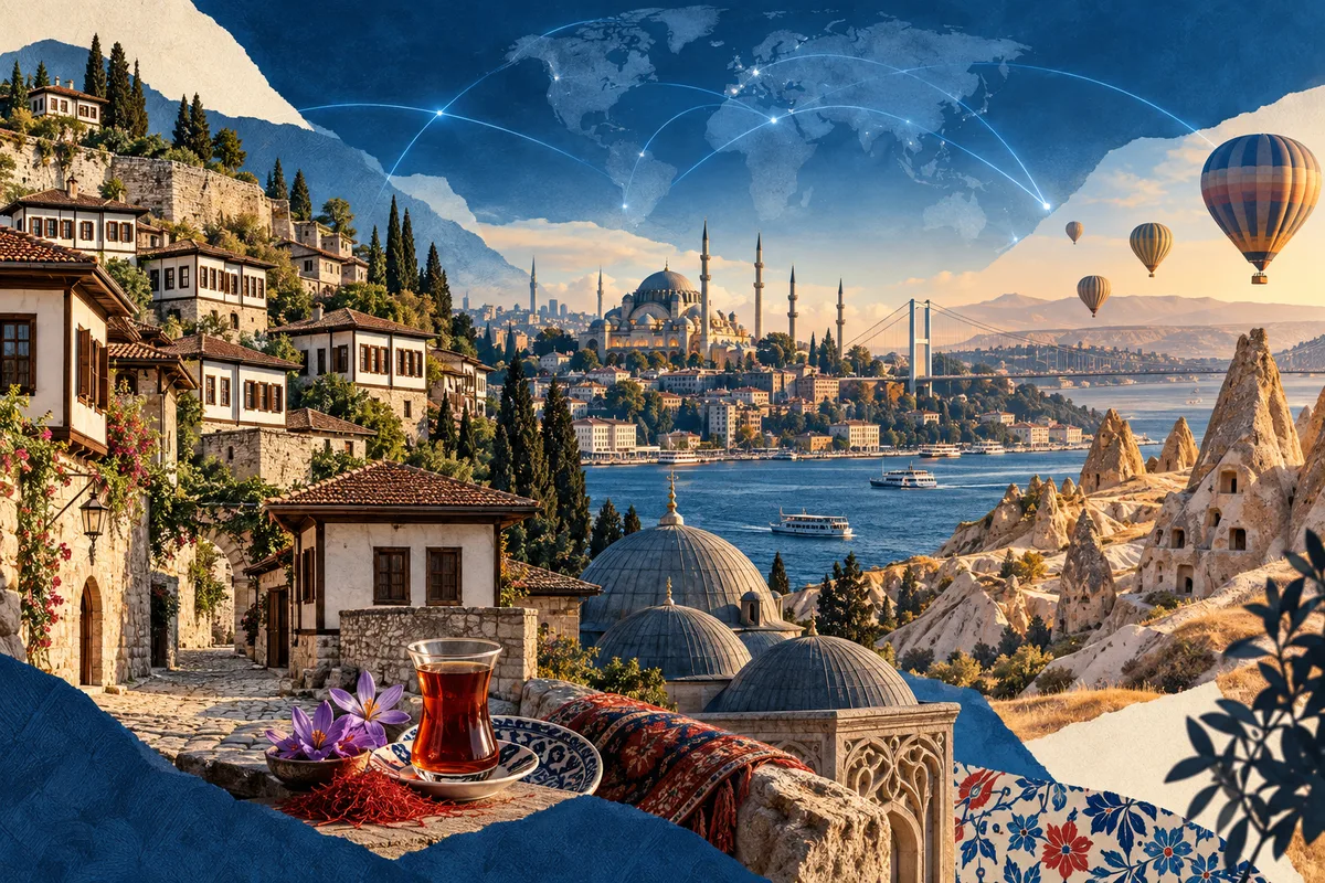 Illustrated collage of Türkiye, inspired by Safranbolu, Istanbul, Cappadocia.