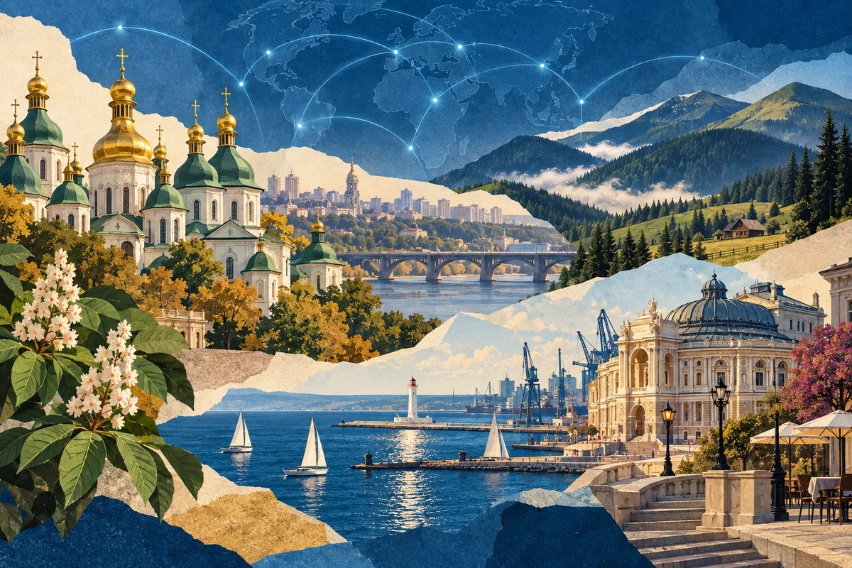 Illustrated collage of Ukraine, inspired by Saint Sophia Cathedral, Kyiv, Odesa, Carpathian Mountains.