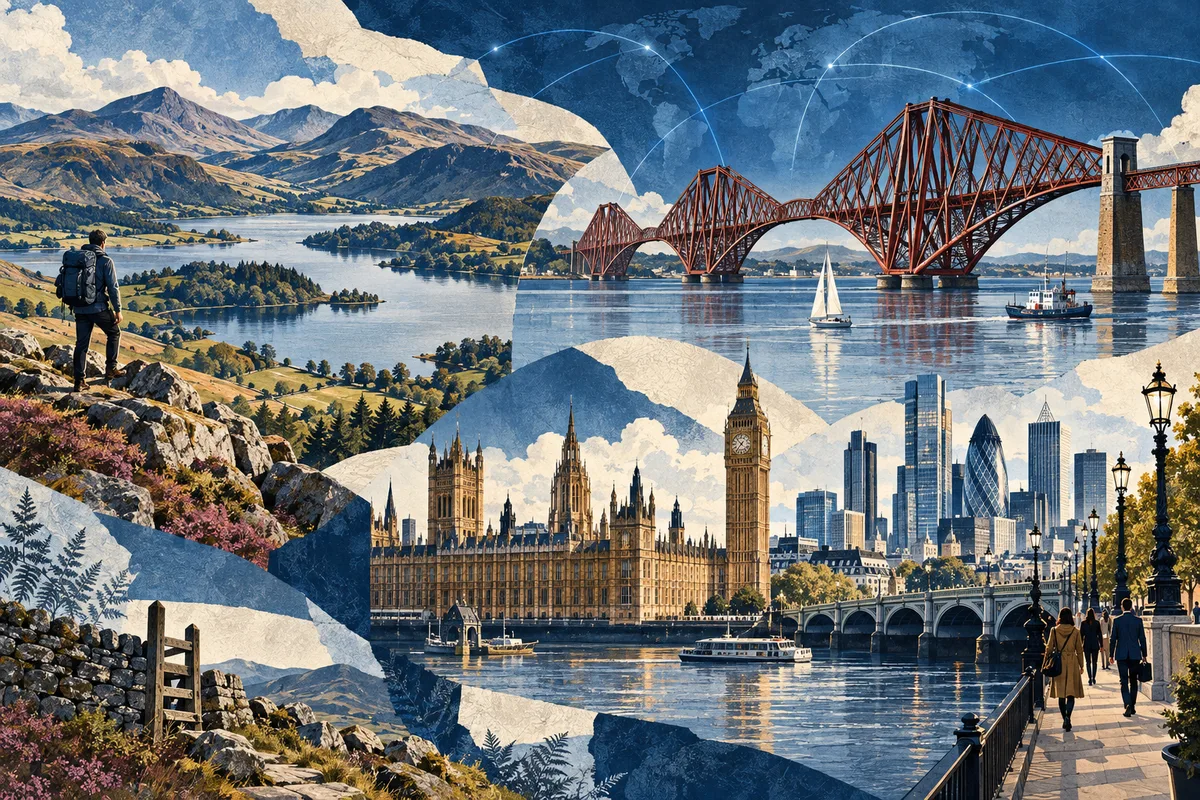 Illustrated collage of United Kingdom, inspired by Forth Bridge, London, Lake District.