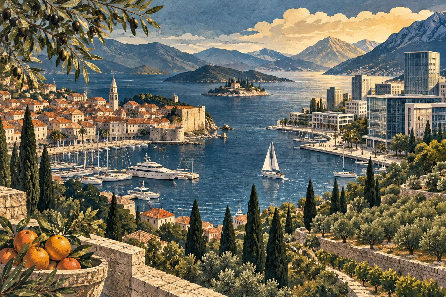 Illustration: Adriatic harbour, orchards and contemporary city offices