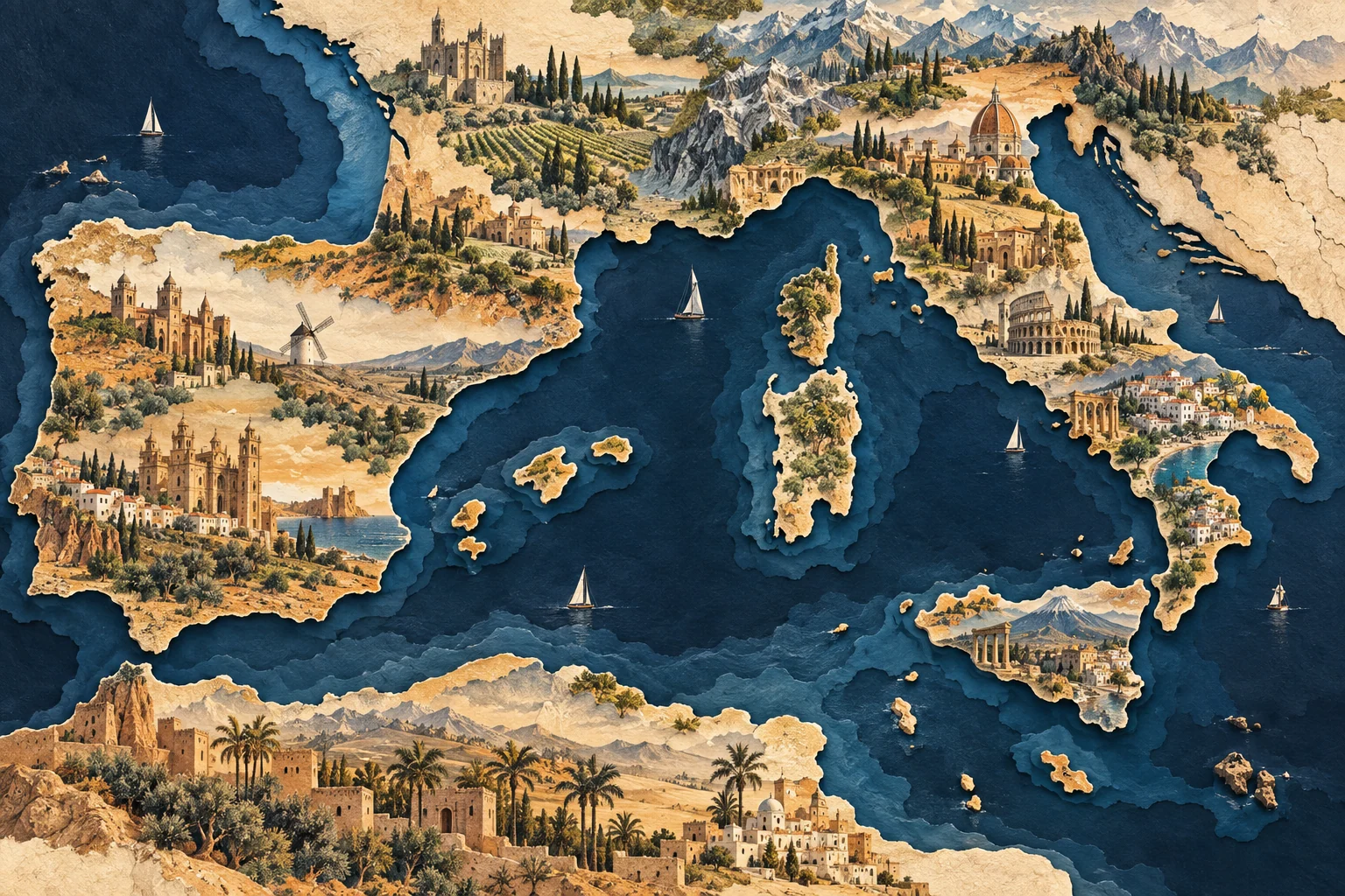 Illustration: Iberian and Italian peninsulas and Mediterranean islands
