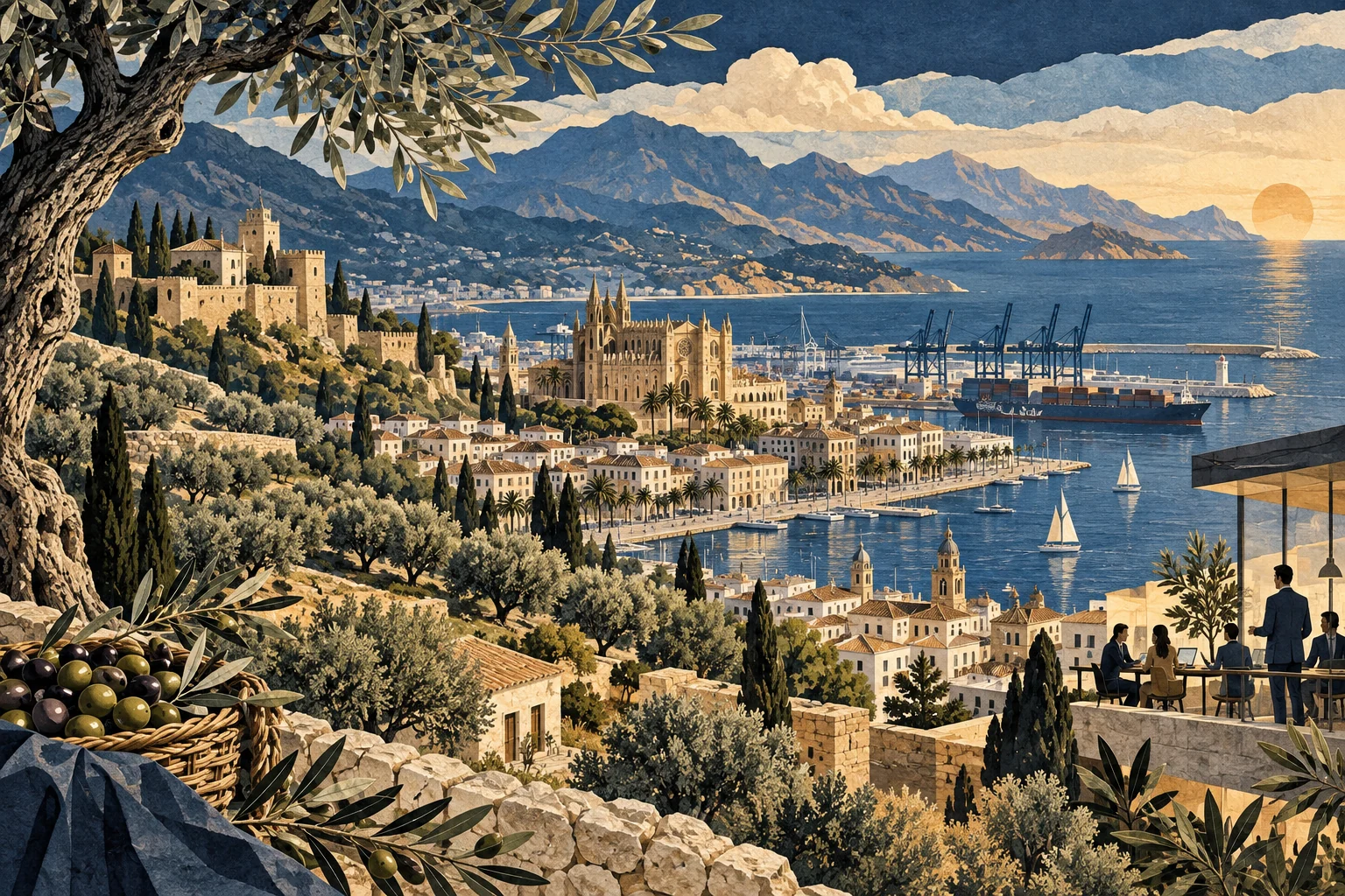 Illustration: Mediterranean port, olive groves and urban enterprise